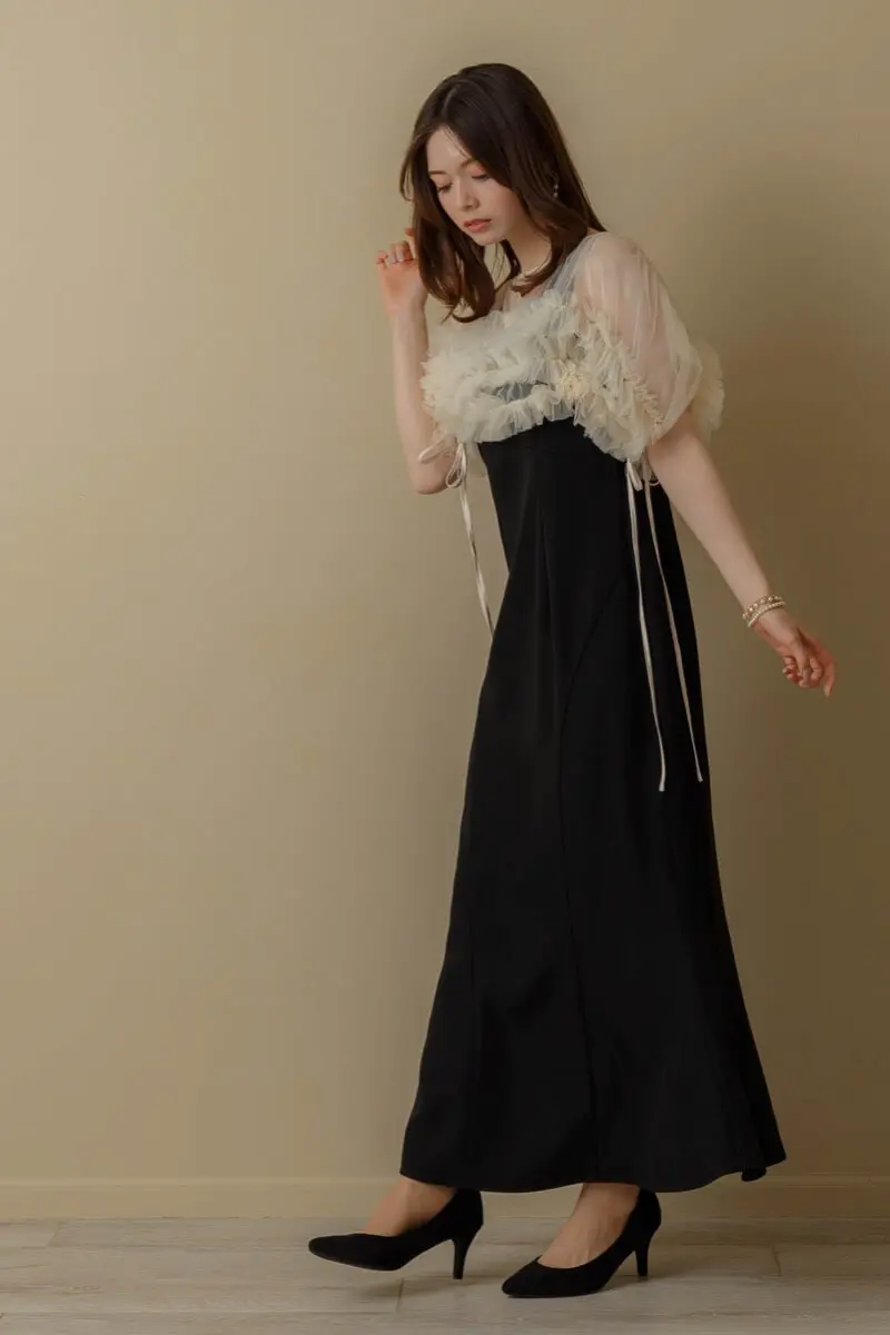 ベージュブラックのチュールトップスセットドレス | ANDRESD | S