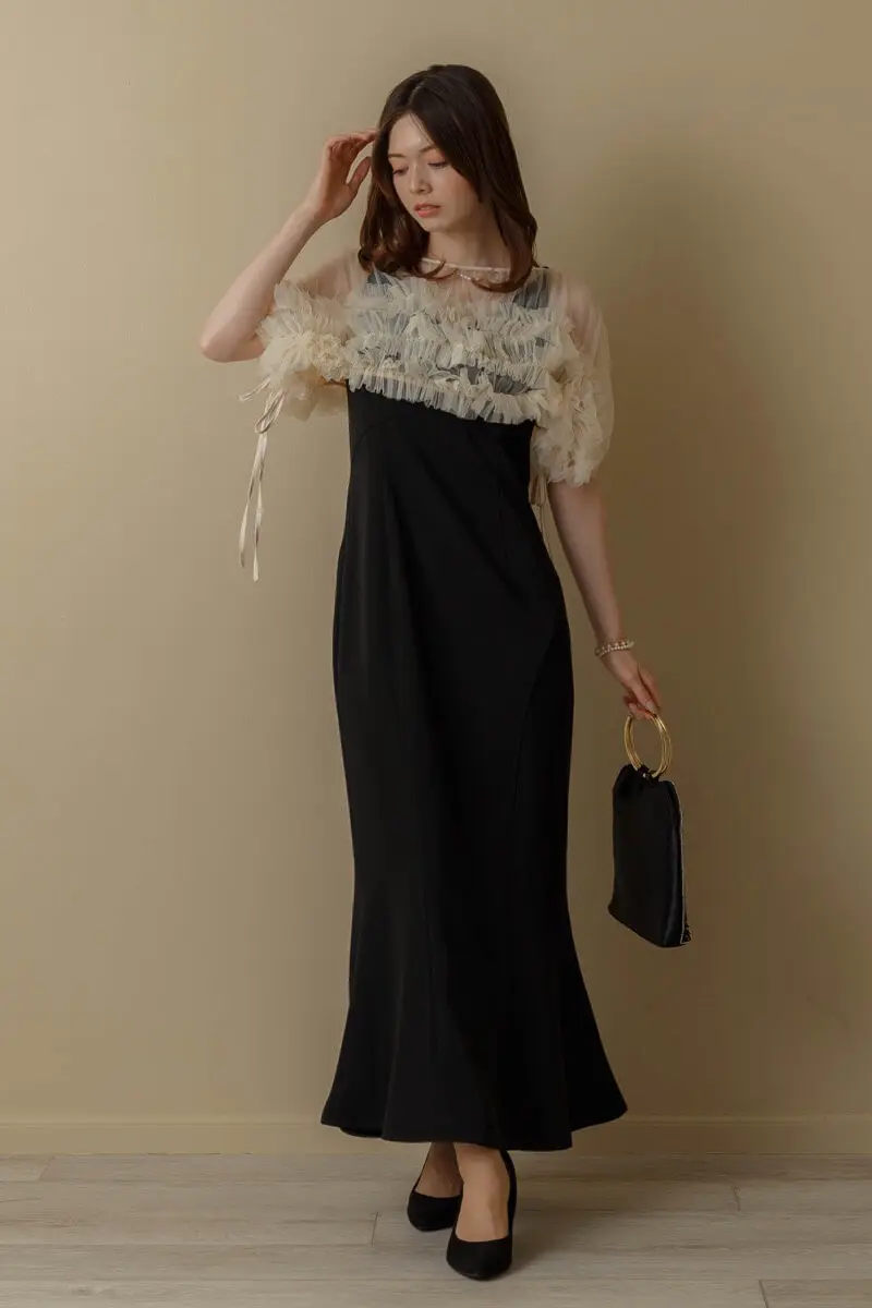 ベージュブラックのチュールトップスセットドレス | ANDRESD | S