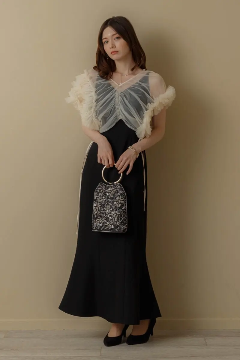 お呼ばれドレスANDRESD ボリュームソフトチュールドレス Sベージュブラック volume soft tulle dress ボリュームソフトチュールドレス
