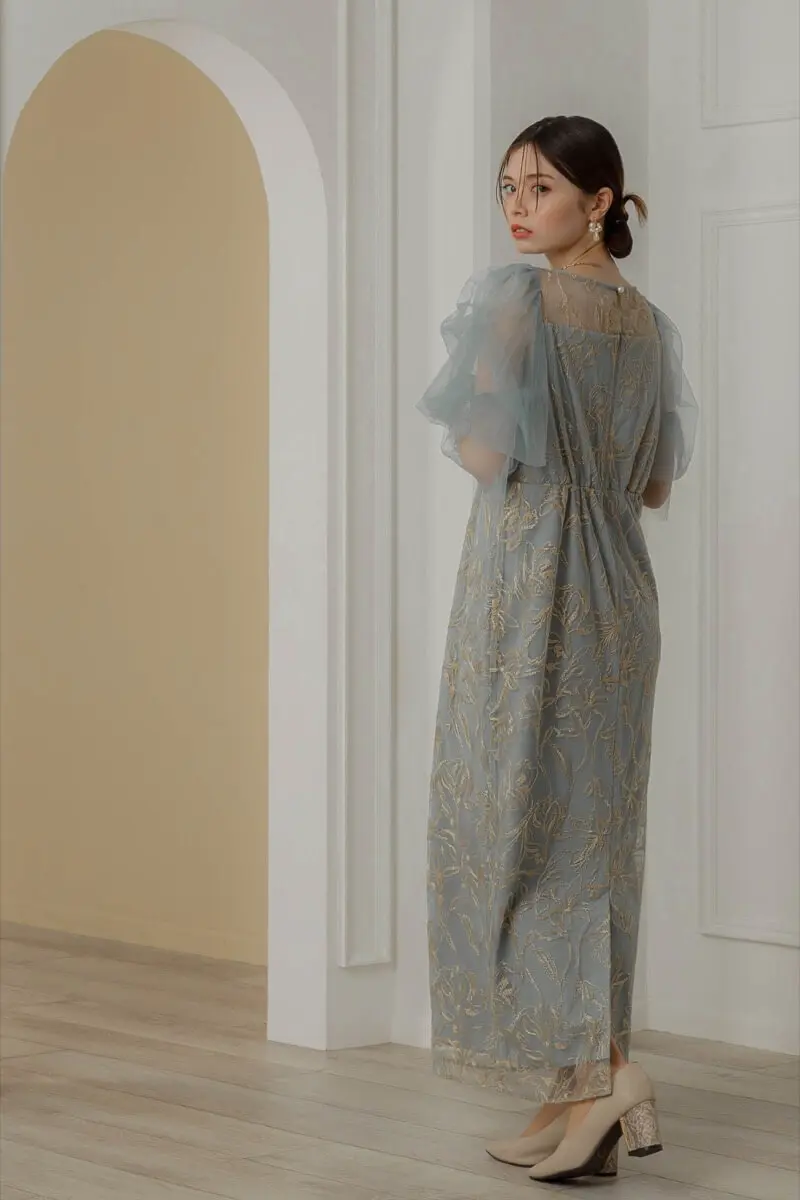 ブルーのフラッフィースリーブペンシルドレス | LE' RURE | S | 結婚式