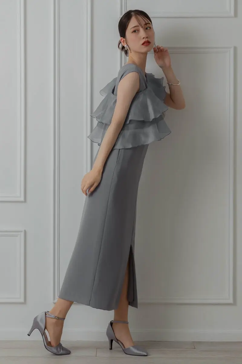 【Marchesa Notte】関税込☆ ロングドレス ラッフル付き ブルー マルケッサ・ノッテ（MARCHESA NOTTE） | 最大70%OFF | THE