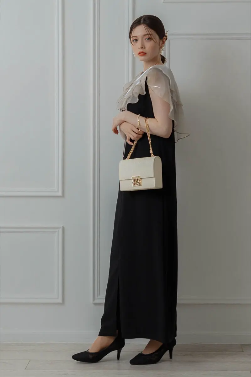 ベージュブラックのグロッシーラッフル付きドレス | ANDRESD | L