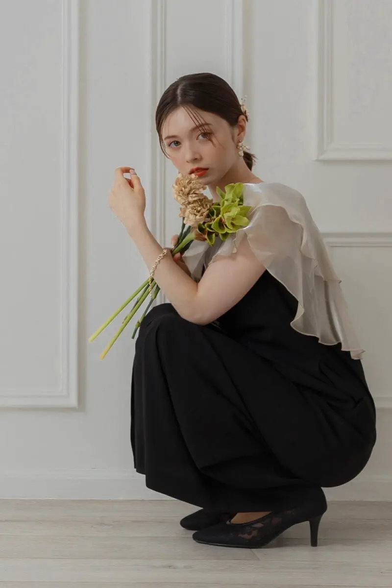 ANDRESD ドレス ベージュブラック ベージュブラックのグロッシーラッフル付きドレス | ANDRESD | M