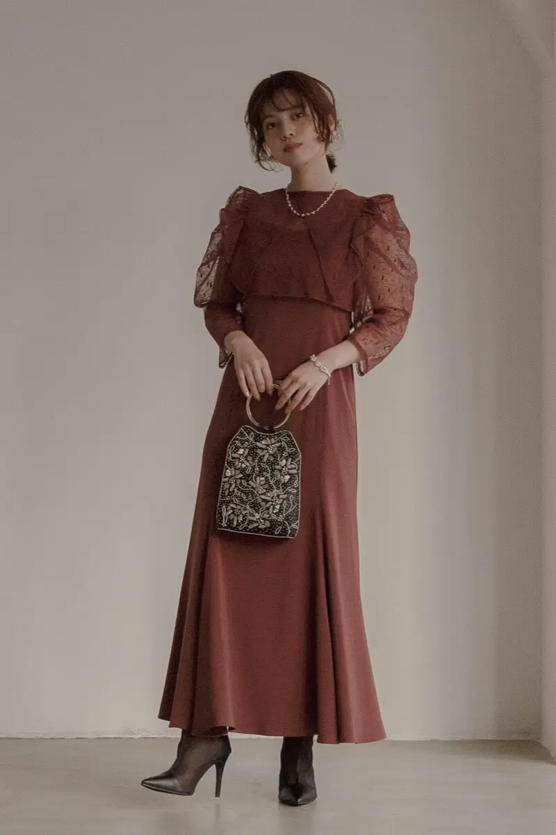 ボルドーの2wayフリルボレロ付きドレス