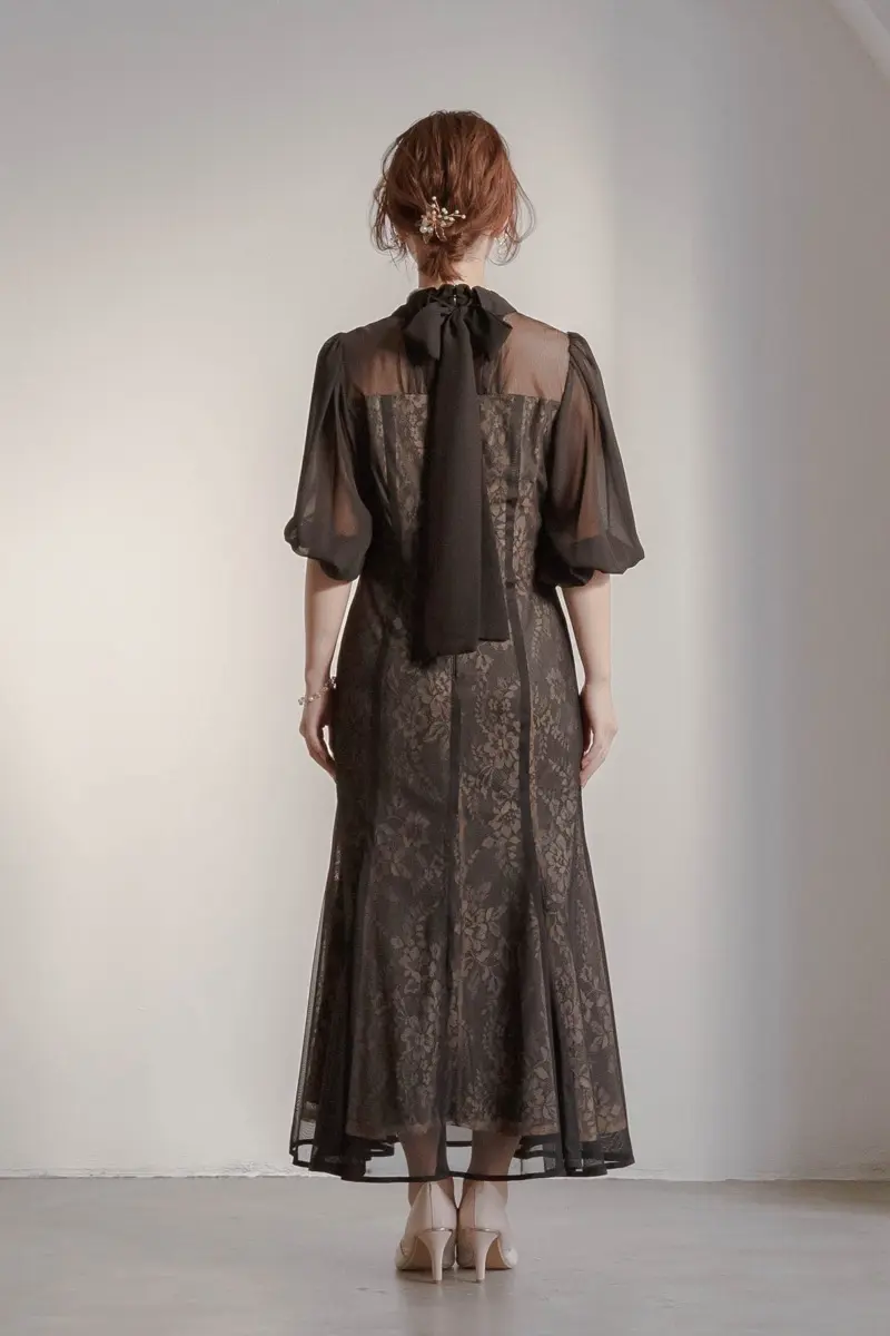 【ひまわり】dorry dollシアーパフスリーブジャガードドレス　黒 ブラックのシアーパフスリーブドレス | Dorry doll | M | 結婚式