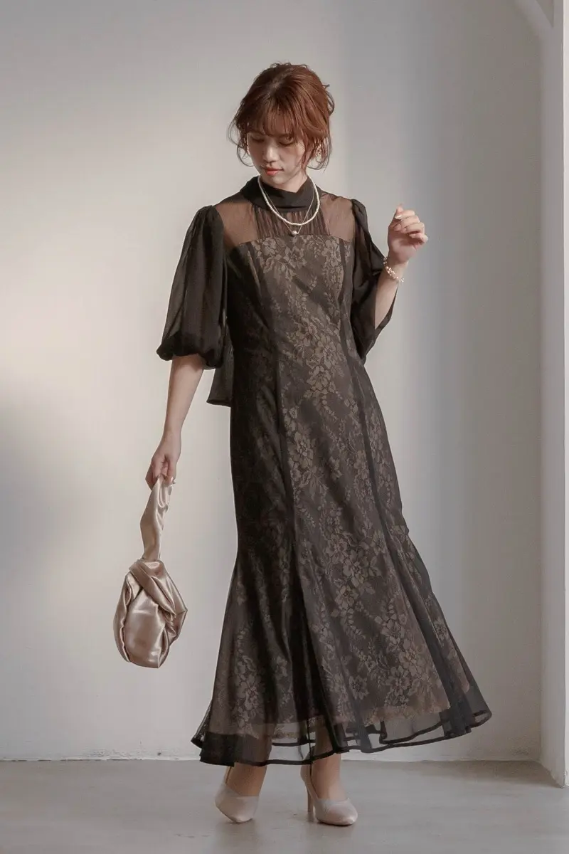 ブラックのシアーパフスリーブドレス | Dorry doll | M | 結婚式