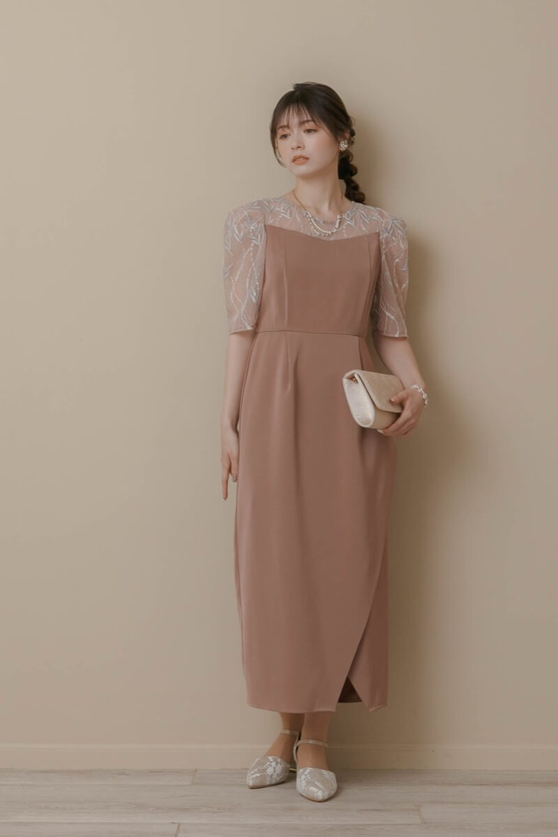 オレンジのリーフ刺繍ラップドレスの商品画像2