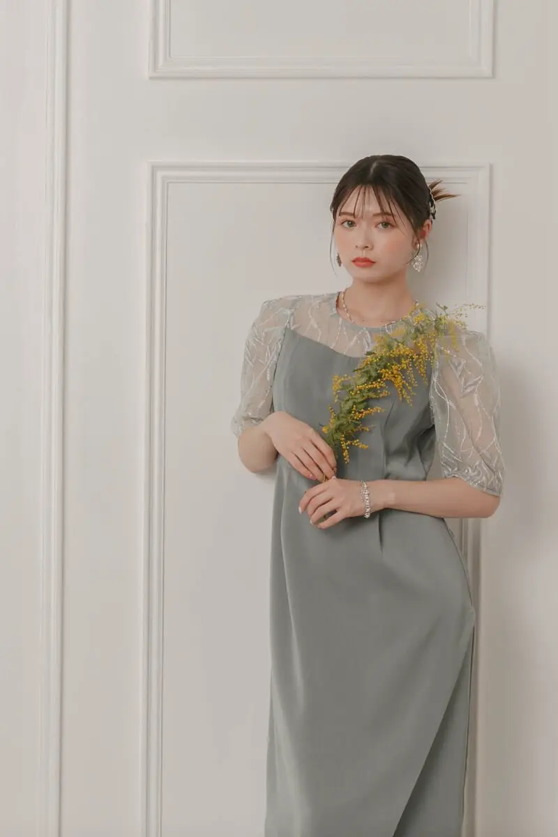 グリーンのリーフ刺繍ラップドレス | Dorry doll | M | 結婚式