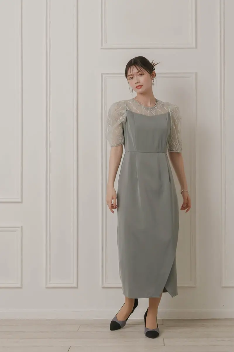 グリーンのリーフ刺繍ラップドレス | Dorry doll | M | 結婚式