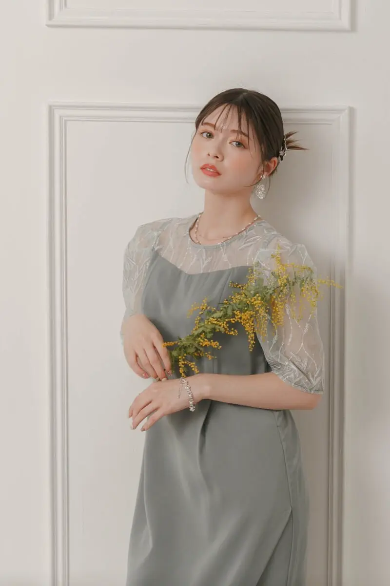 グリーンのリーフ刺繍ラップドレス | Dorry doll | M | 結婚式