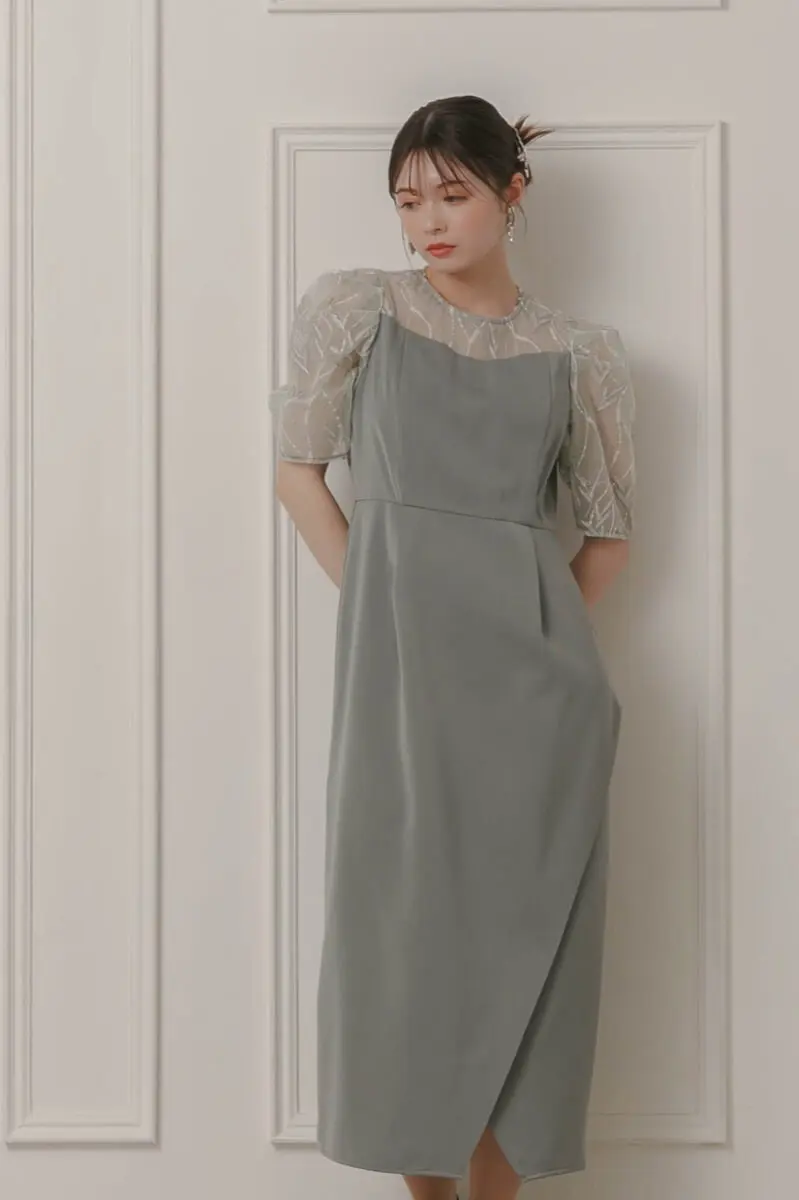 【試着のみ未使用】EIRLYS ROMPER EUCALYPTUS グリーンのリーフ刺繍ラップドレス | Dorry doll | M | 結婚式