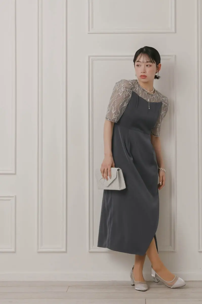 ネイビーのリーフ刺繍ラップドレス | Dorry doll | M | 結婚式