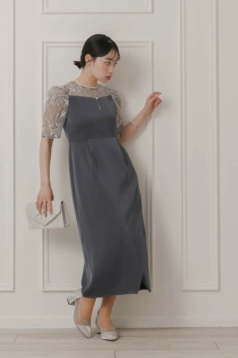 ネイビーのリーフ刺繍ラップドレス | Dorry doll | M | 結婚式