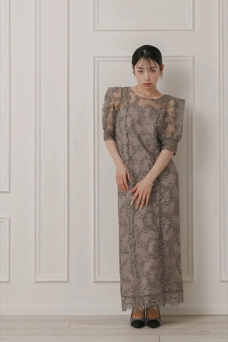 グレー×ブラウンのボックススリーブドレス | LE' RURE | M | 結婚式