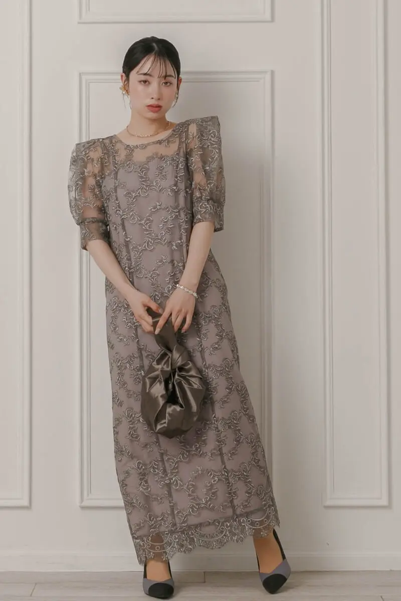 グレー×ブラウンのボックススリーブドレス | LE' RURE | M | 結婚式
