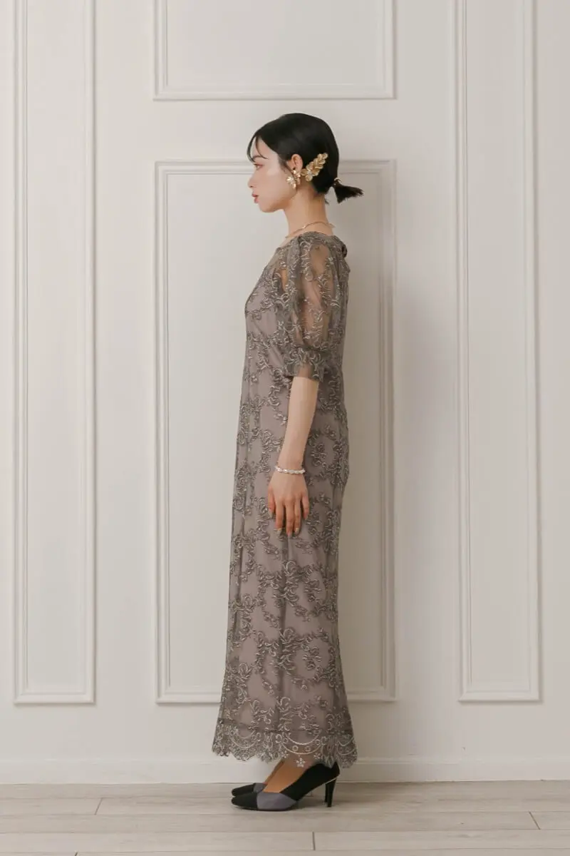 グレー×ブラウンのボックススリーブドレス | LE' RURE | M | 結婚式