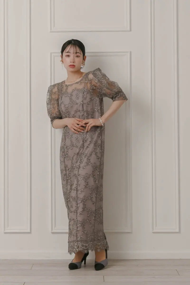 グレー×ブラウンのボックススリーブドレス | LE' RURE | M | 結婚式