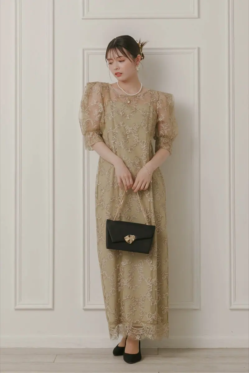 ベージュ×イエローのボックススリーブドレス | LE' RURE | M | 結婚式