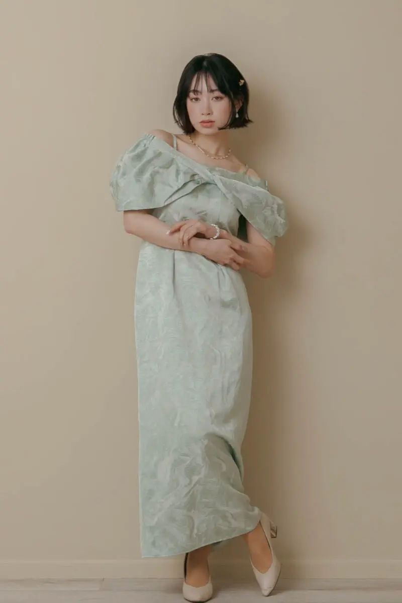 ミントのケープ付きジャガードドレス | LE' RURE | M | 結婚式