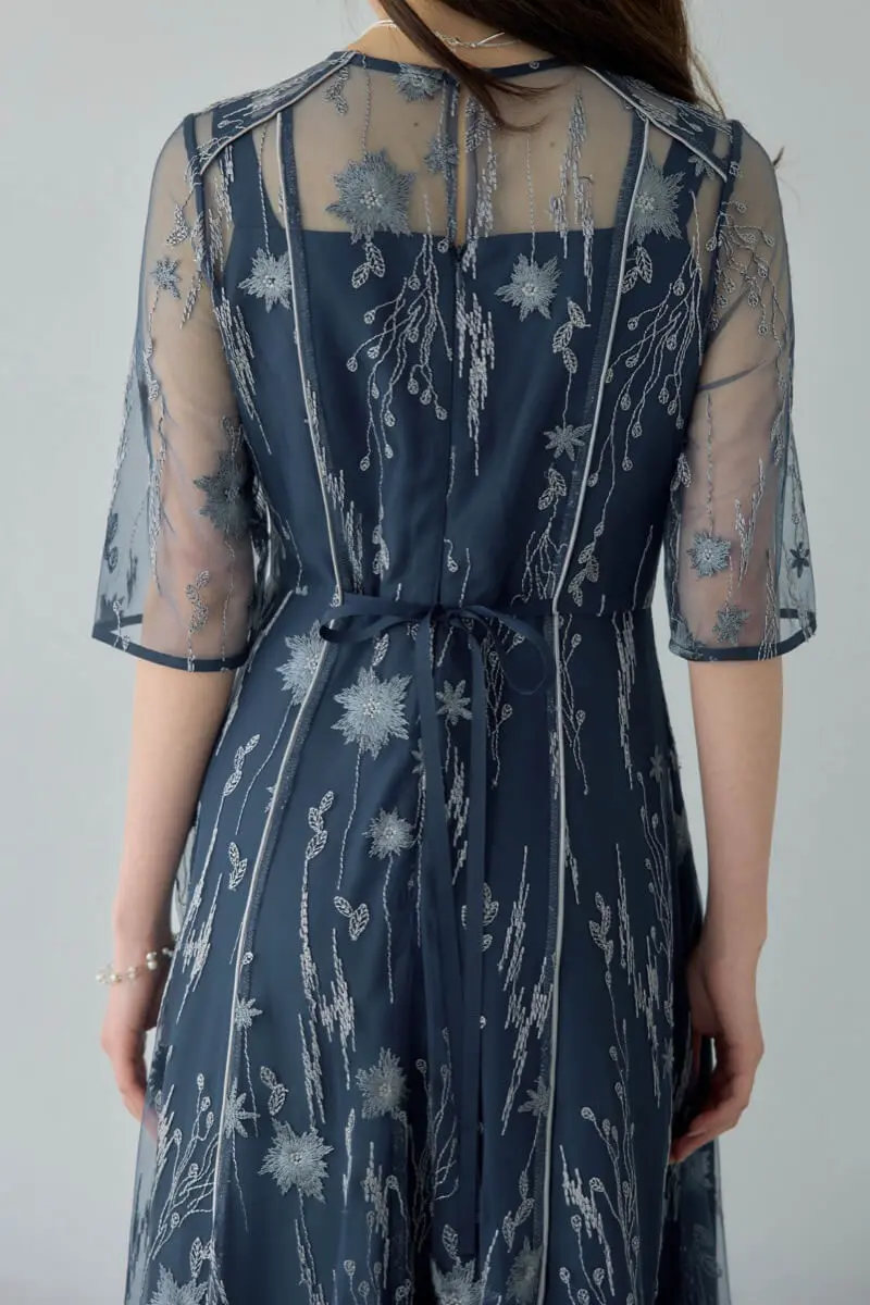 ANDRESD 花柄刺繍チュールドレス ブルーのフラワーチュールドレス | ANDRESD | M | 結婚式パーティーの