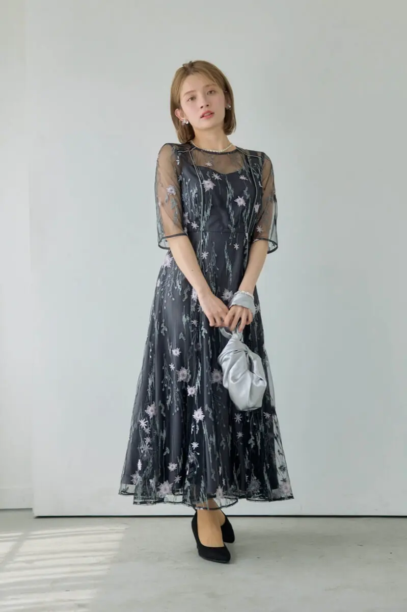 ブラックのフラワーチュールドレス | ANDRESD | M | 結婚式パーティー