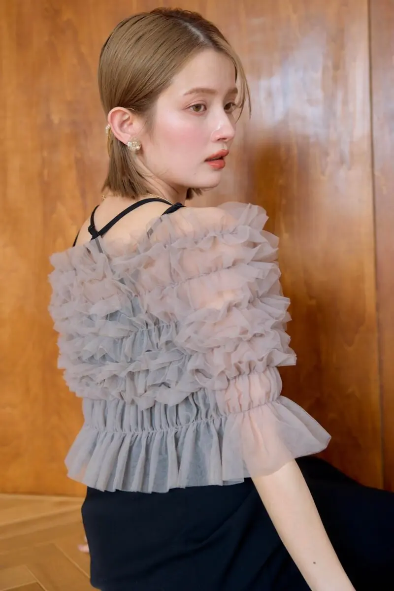 グレージュ×ブラックのシャーリングチュールトップス付きドレス