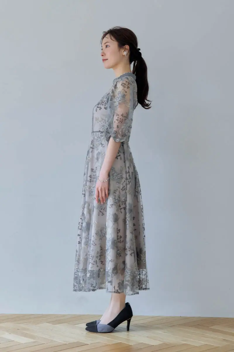 Dorry Doll パーティードレス　フラワー刺繍ドレス　ブルーグレー　M ブルーグレーのフラワーレースオーガンジードレス | Dorry doll