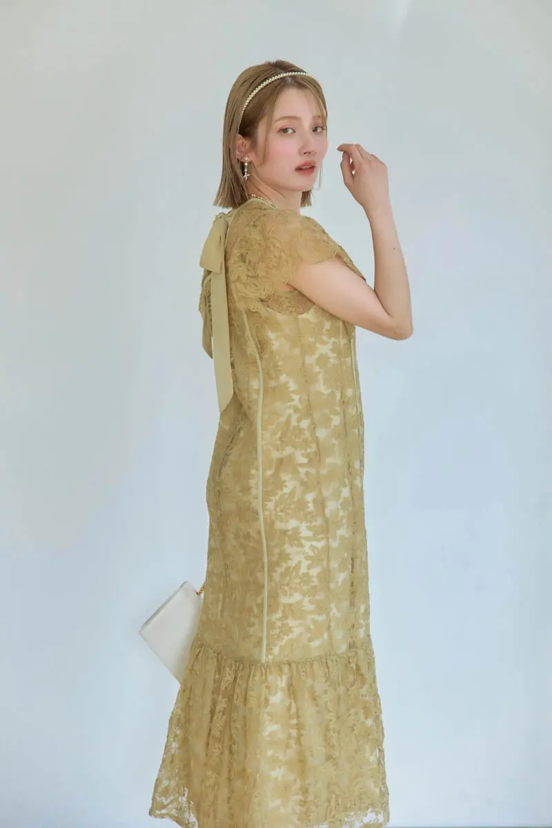【おかぱんまん】LE’RURE レースドレス　イエロー イエローのフラワーレースドレス | Dorry doll | M | 結婚式パーティー
