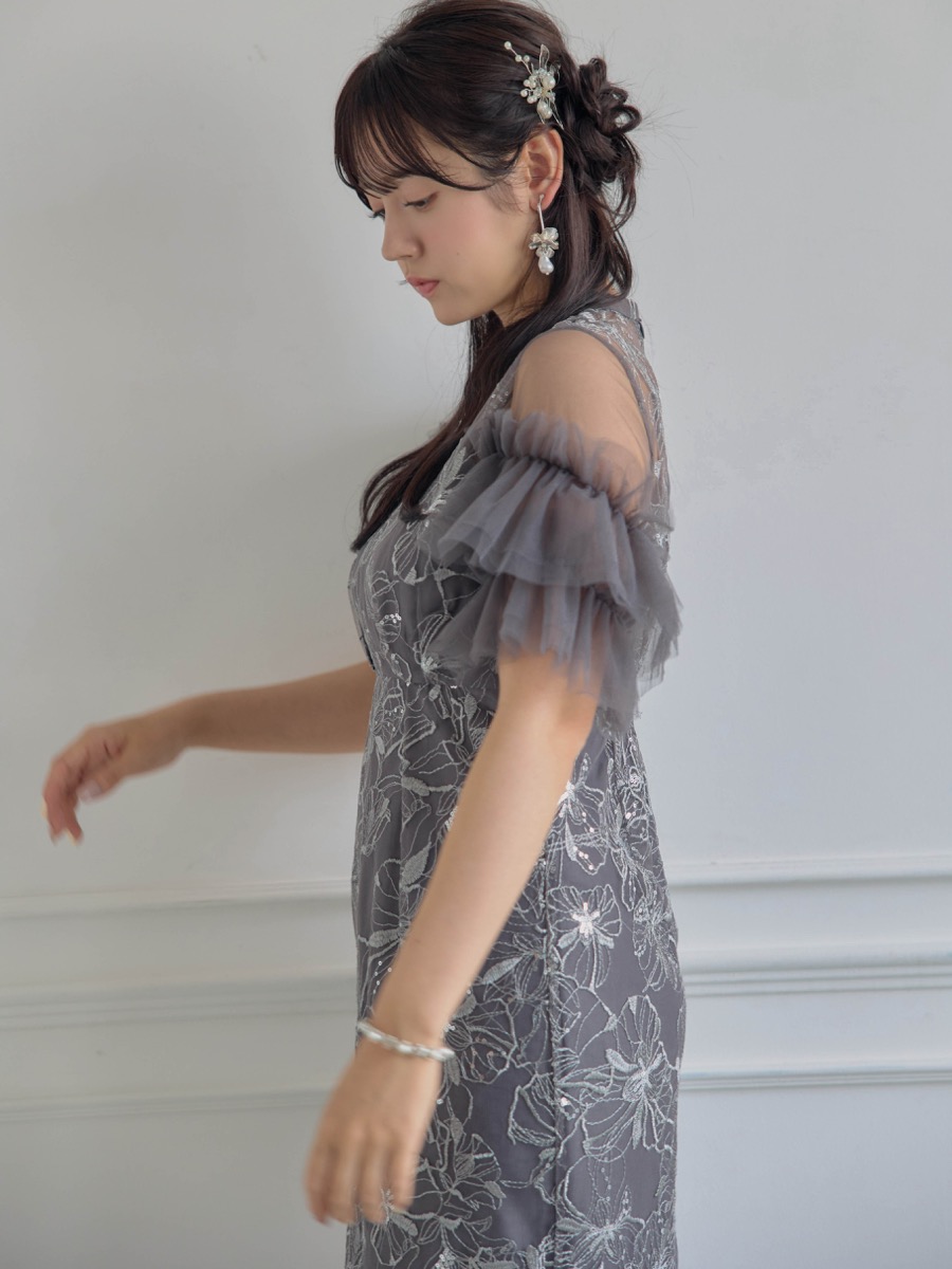 【アヒルさん専用】lerure リルアー　グレー フリル付き刺繍ドレス Fluffy sleeve pencil dress|LE'RURE
