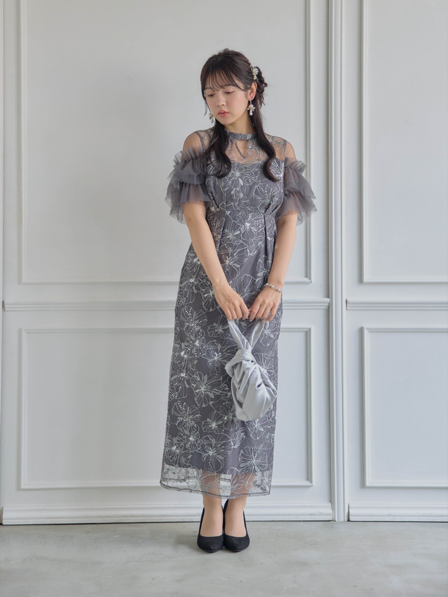 スパンコール刺繍レースドレス オケージョン 結婚式 お呼ばれ ANDRESD チャコールのスパンコール刺繍レースドレス | ANDRESD | L