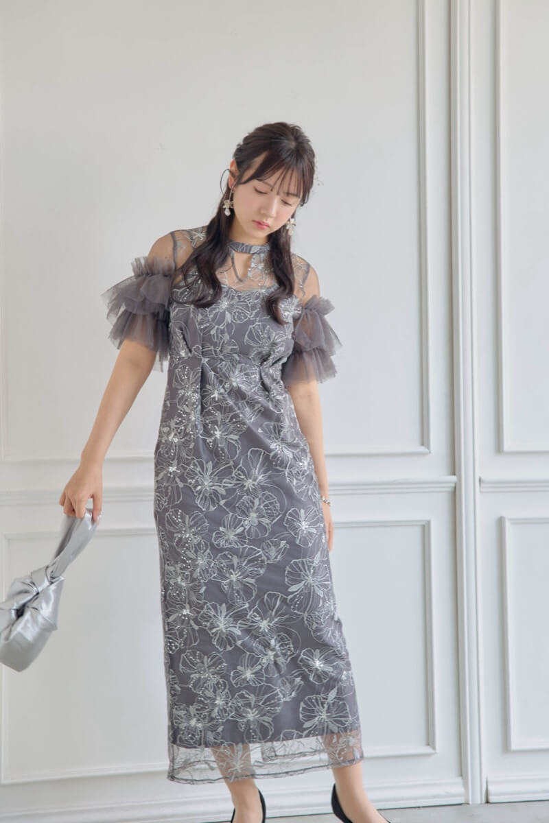 ANDRESD袖シフォン スパンコール・刺繍 レースロングドレス Sサイズ ANDRESD袖シフォン スパンコール・刺繍 レースロングドレス S
