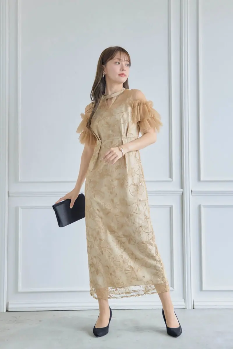 栞菜⭐︎ ANDRESDスパンコール刺繍レース 結婚式 同窓会 ディナー niana ドレス スパンコール刺繍レースドレス キーホールネック