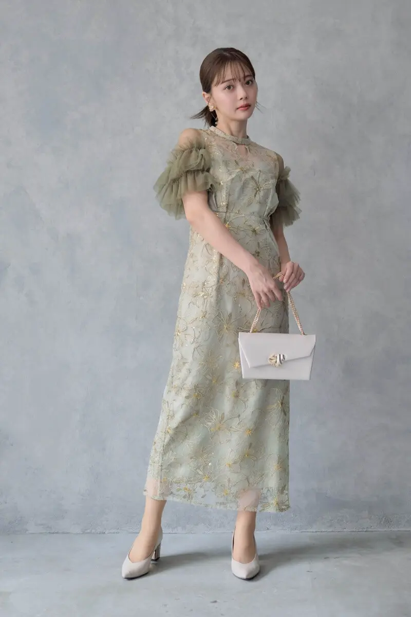 栞菜⭐︎ ANDRESDスパンコール刺繍レース 結婚式 同窓会 ディナー niana ドレス スパンコール刺繍レースドレス キーホールネック