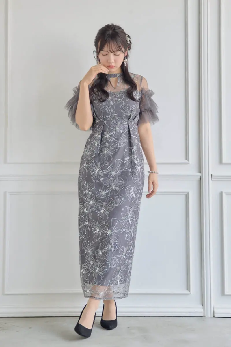 ANDRESD袖シフォン スパンコール・刺繍 レースロングドレス Sサイズ ANDRESD袖シフォン スパンコール・刺繍 レースロングドレス Sサイズ