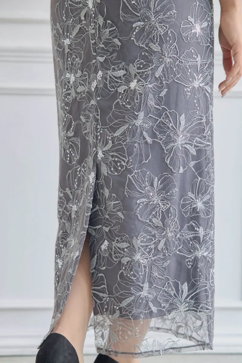 チャコールのスパンコール刺繍レースドレス | ANDRESD | S
