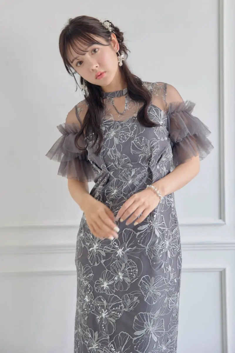 リルアー 結婚式ドレス　お呼ばれドレス　刺繍　チャコール Whole race layered dress｜LE'RURE
