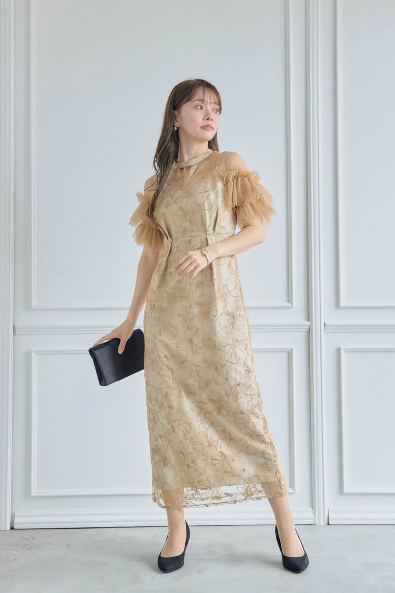 ANDRESD袖シフォン スパンコール・刺繍 レースロングドレス Sサイズ ANDRESD袖シフォン スパンコール・刺繍 レースロングドレス Sサイズ