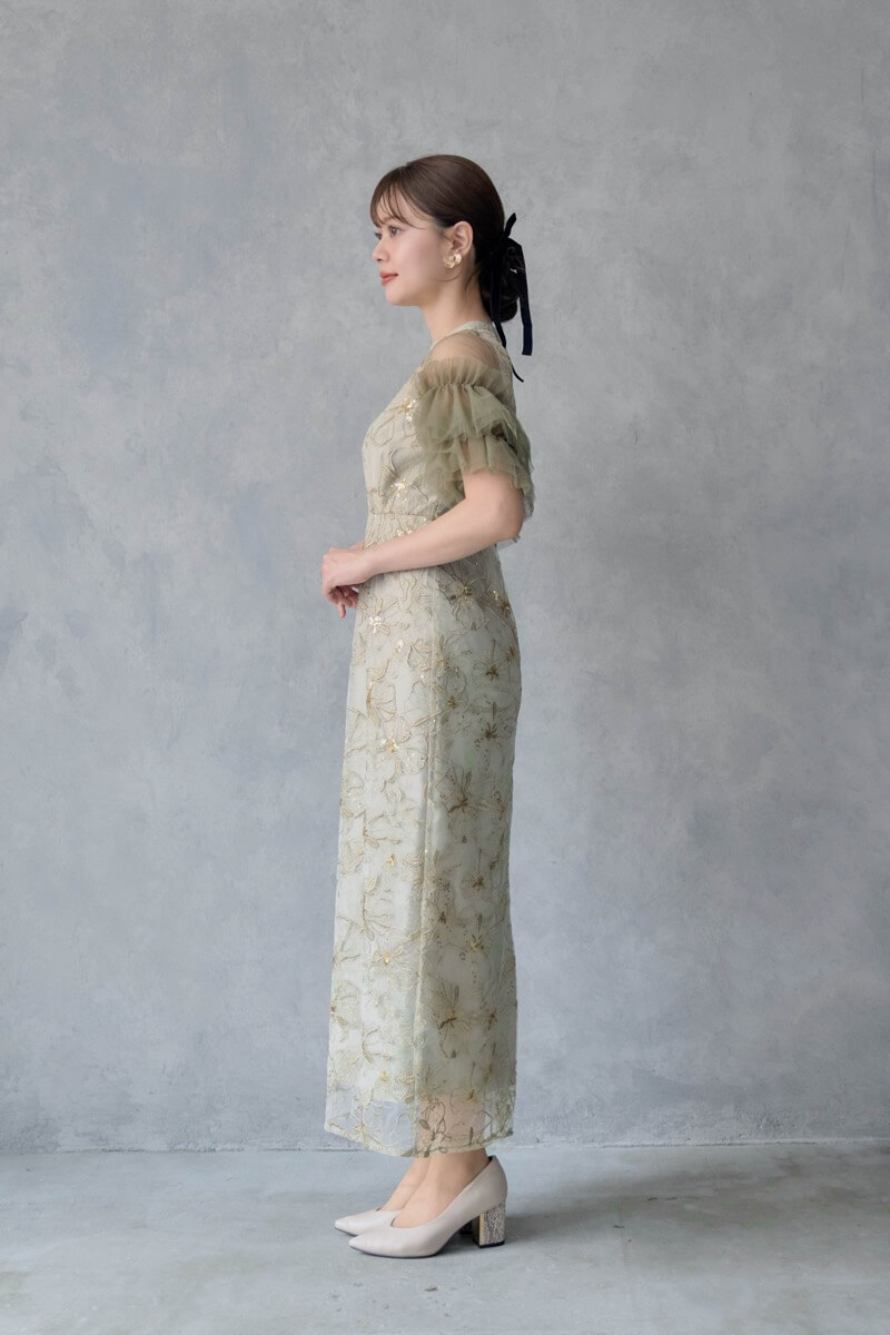 ライトグリーンのスパンコール刺繍ドレスの商品画像3