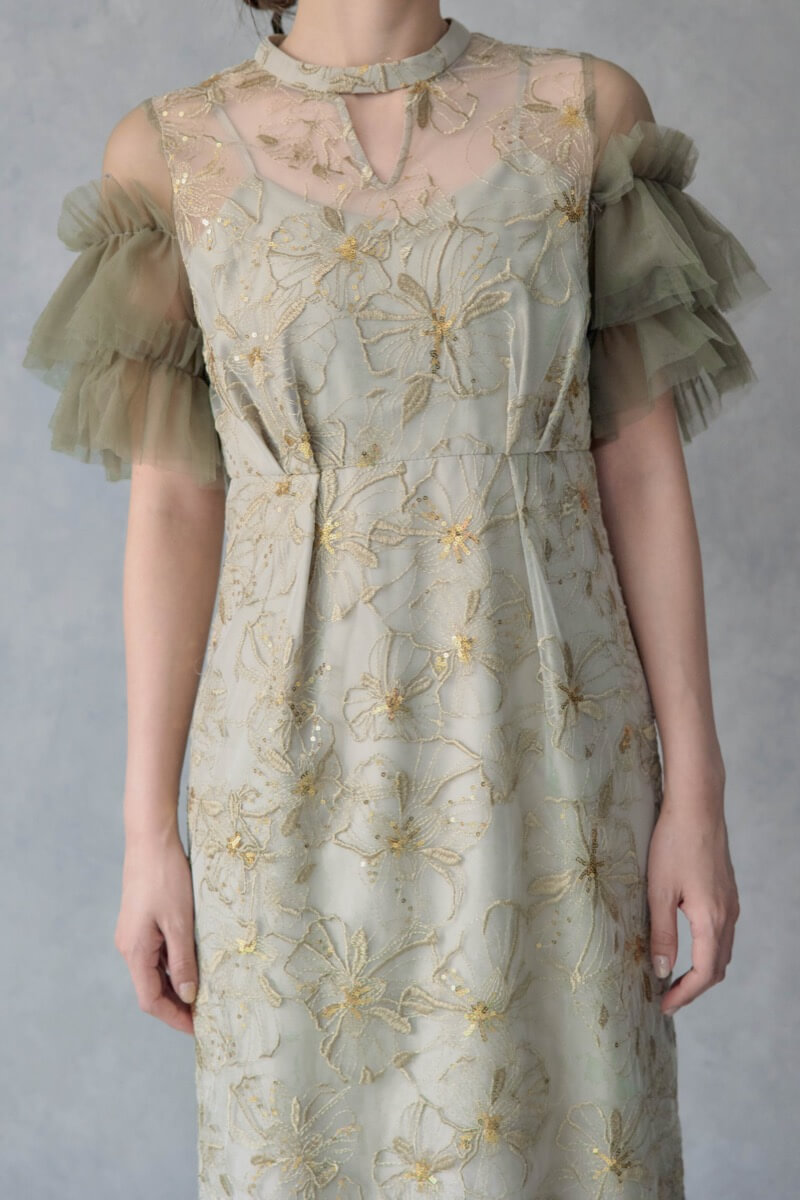ライトグリーンのスパンコール刺繍ドレスの商品画像5