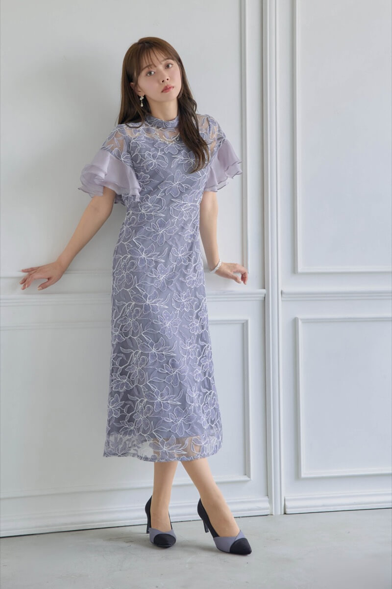 ブルーのフリルスリーブスパンコールドレスの商品画像11