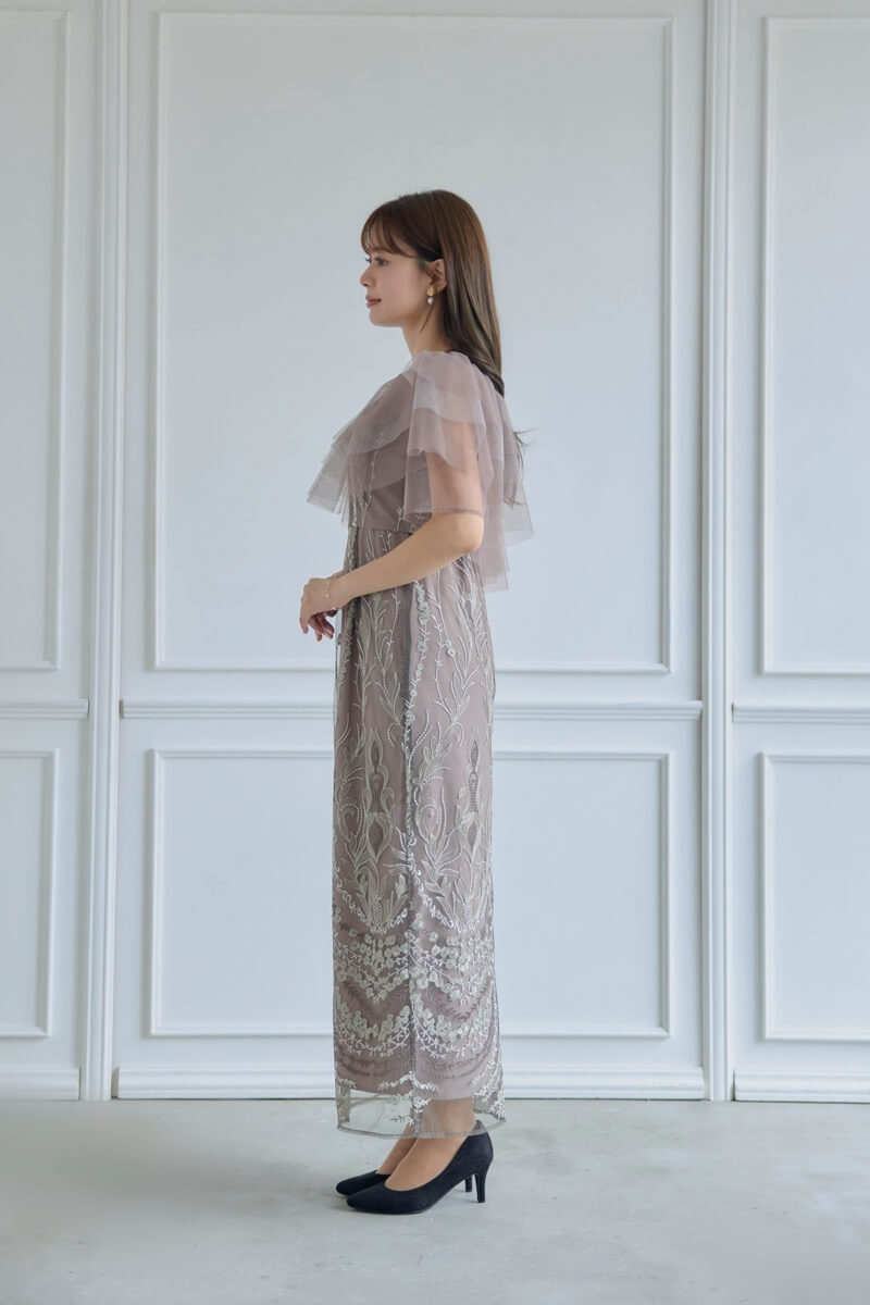 ブラウンのマルチケープ付きIラインドレス | Dorry doll | M | 結婚式