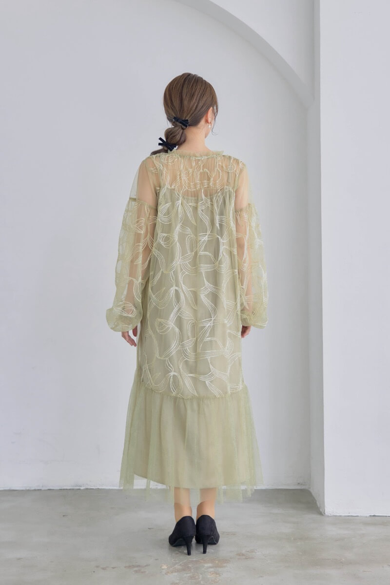 グリーンのリボンエンブロイダリーレイヤードドレス | Dorry doll | M