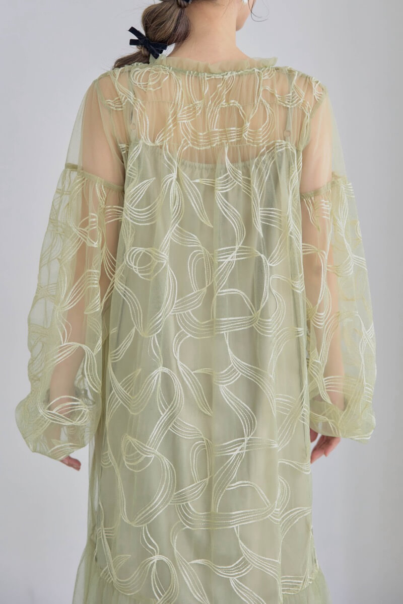 グリーンのリボンエンブロイダリーレイヤードドレス | Dorry doll | M
