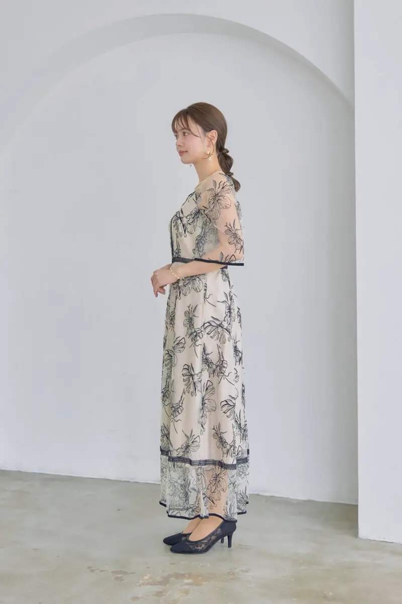 ドーリードール　パーティードレス ブラック×ベージュ Dorry Doll ドリードール バイカラーエンブロイダリードレス