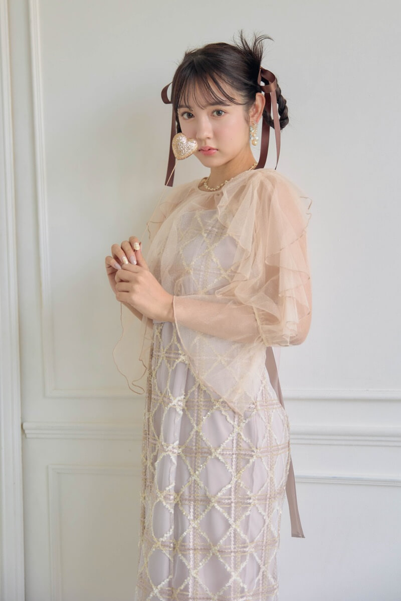 ピンクのボレロ付きチェックレースドレスの商品画像11