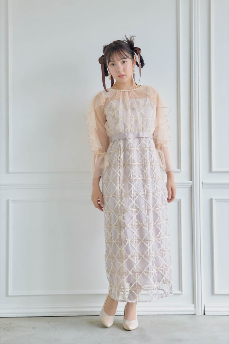 ピンクのボレロ付きチェックレースドレスの商品画像12