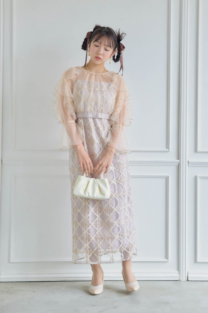 ピンクのボレロ付きチェックレースドレスの商品画像2