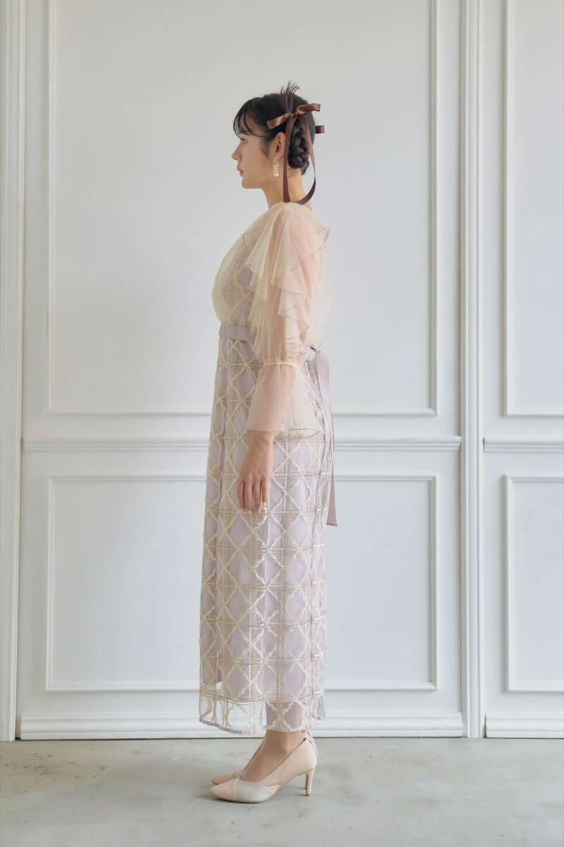 ピンクのボレロ付きチェックレースドレスの商品画像3