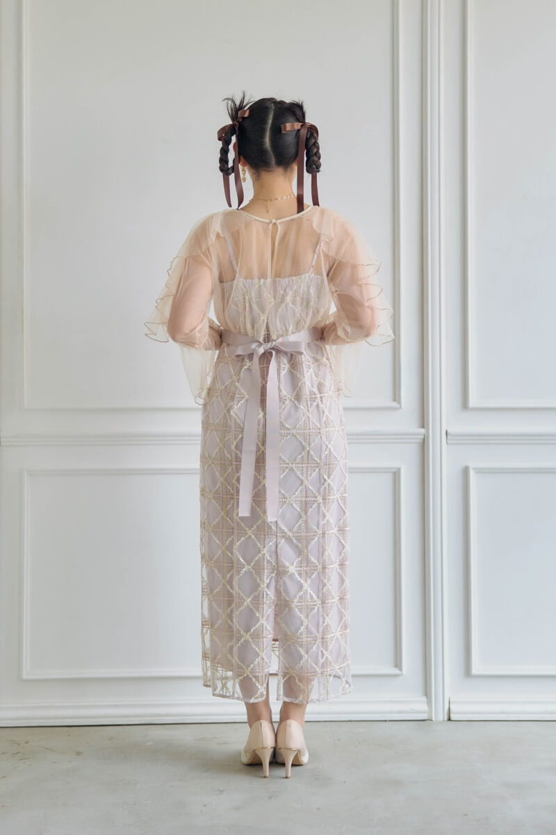 ピンクのボレロ付きチェックレースドレスの商品画像4