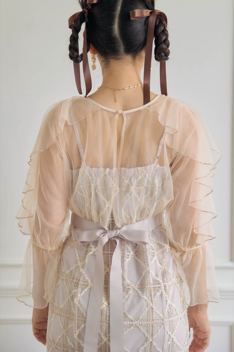 ピンクのボレロ付きチェックレースドレスの商品画像5